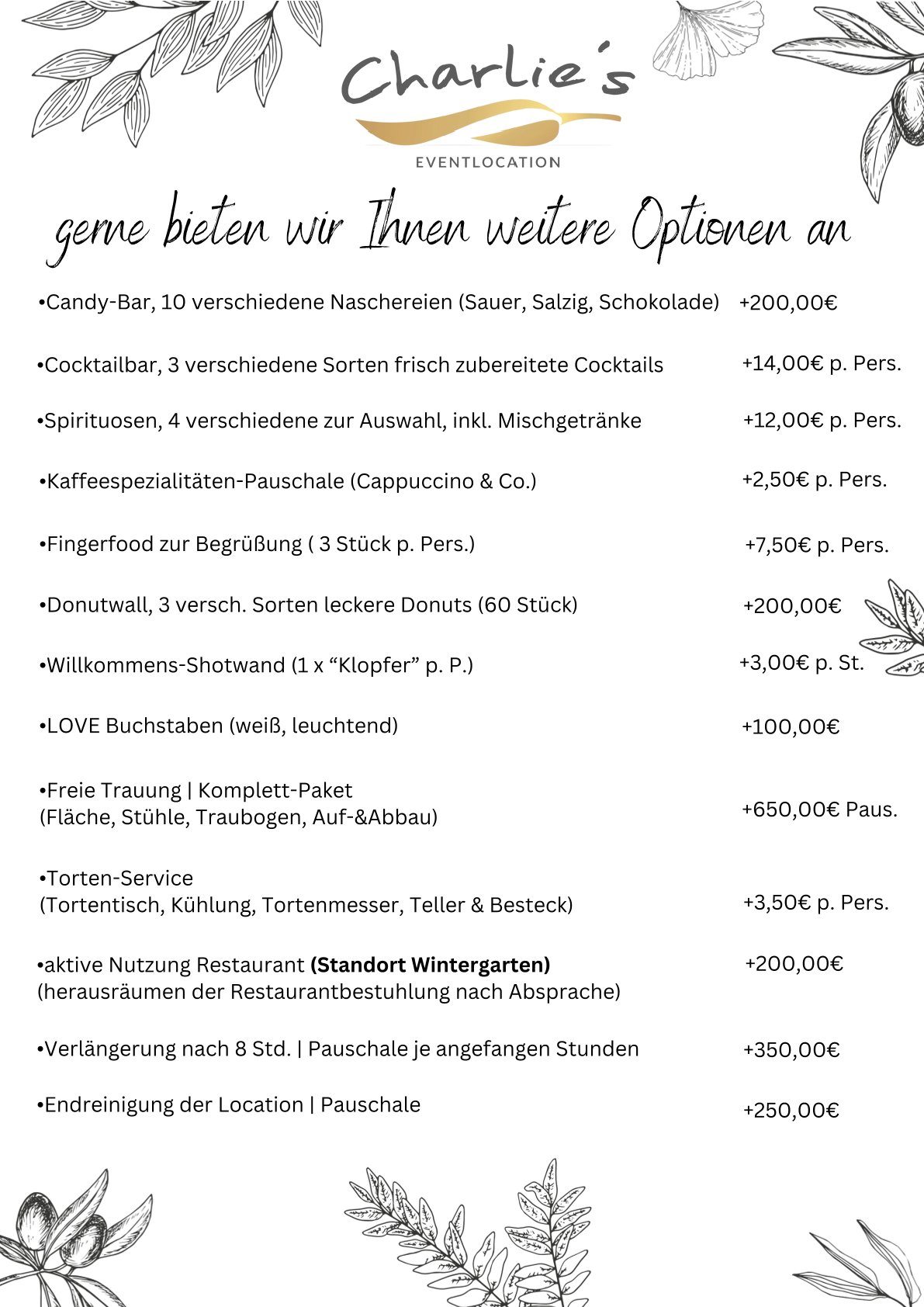 Ein Menü für Eventoptionen von Charlie's Eventlocation auf Deutsch.