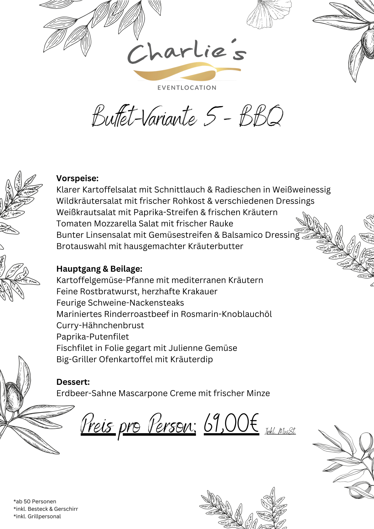 Menü mit BBQ-Thema, inklusive Vorspeisen und vielseitigen Hauptgerichten.