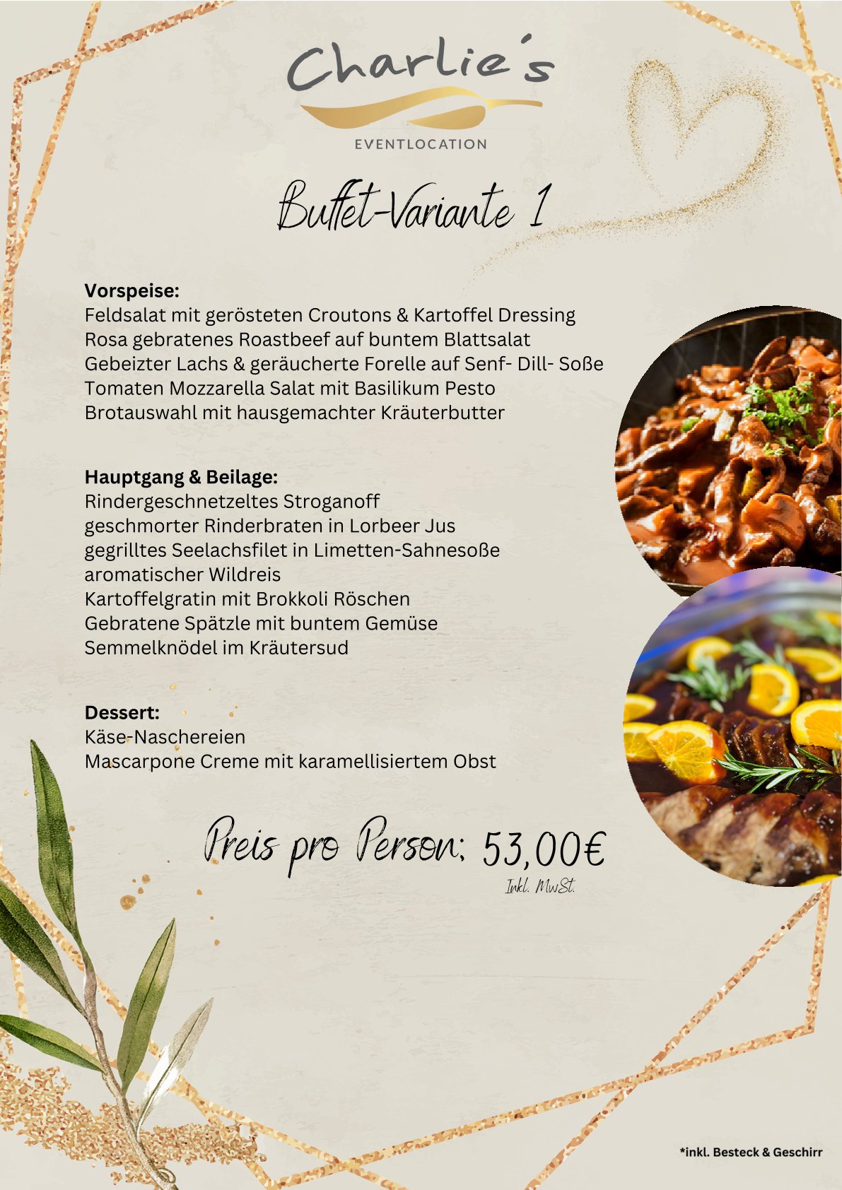 Buffetkarte mit verschiedenen Gerichten auf beigem Hintergrund und floralen Elementen