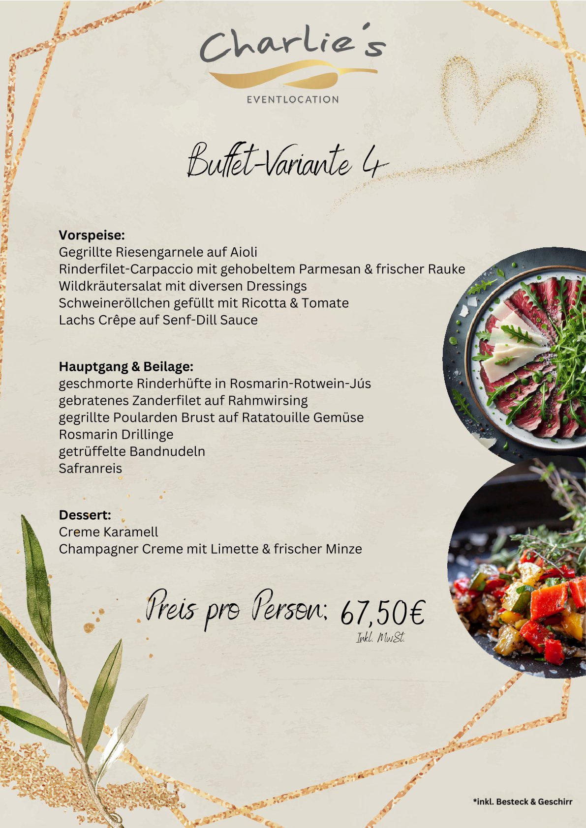 Buffetkarte mit goldenen Akzenten, Gerichten und einem ansprechend angerichteten Teller
