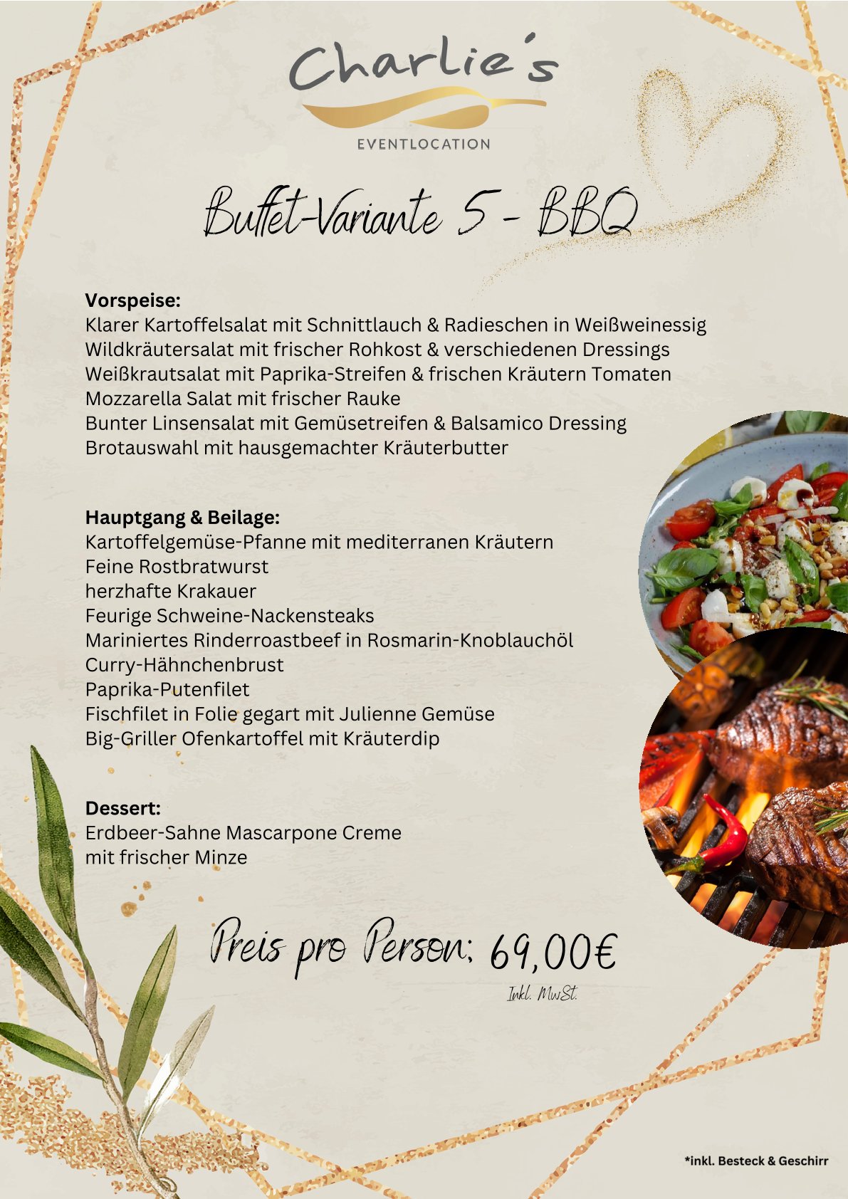 Menükarte mit gelbem Hintergrund, dekorativen Blättern und einem runden Foto von Grillgut