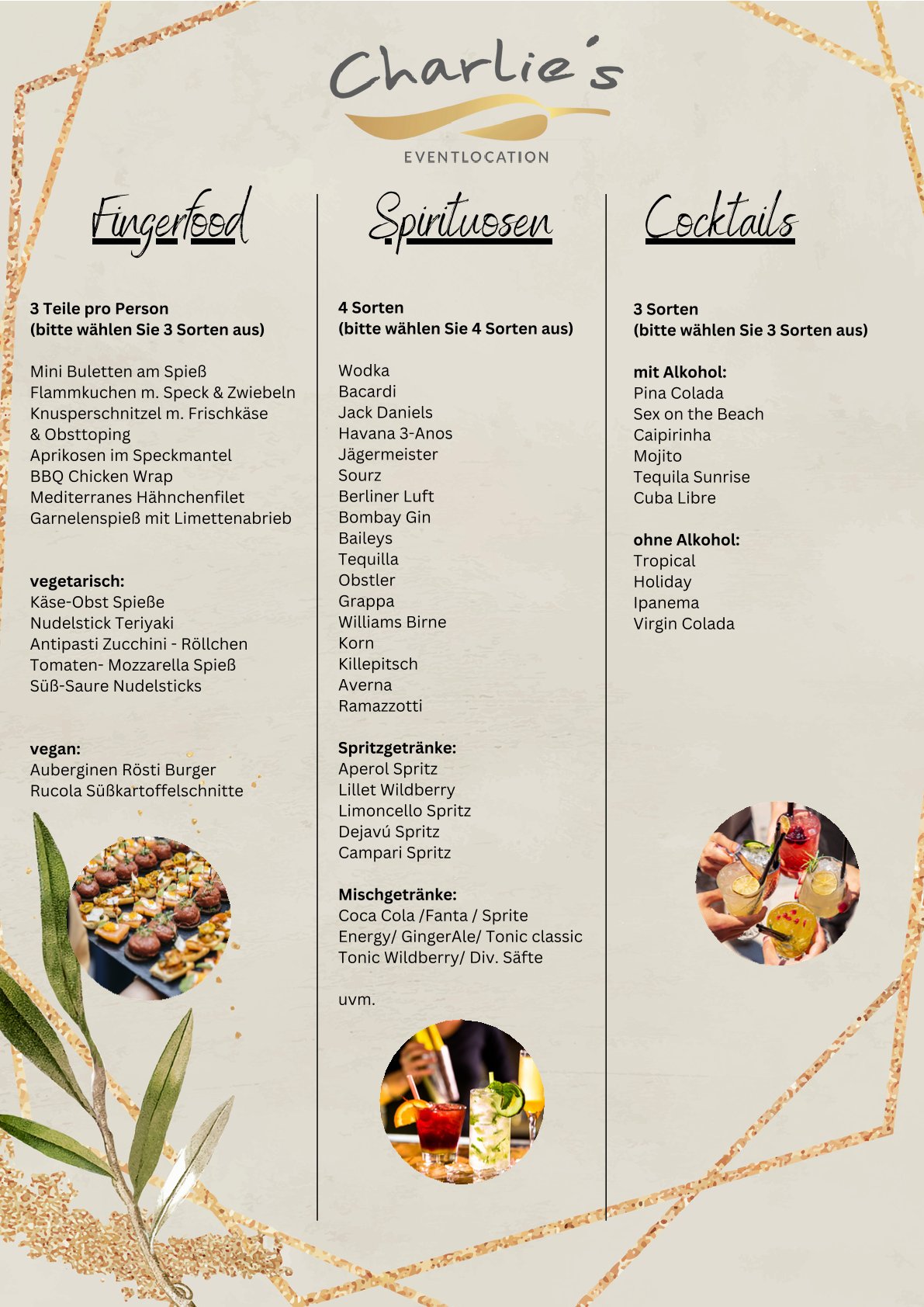 Eine Menükarte mit Speisen und Getränken, dekoriert mit Blumen und goldenen Akzenten