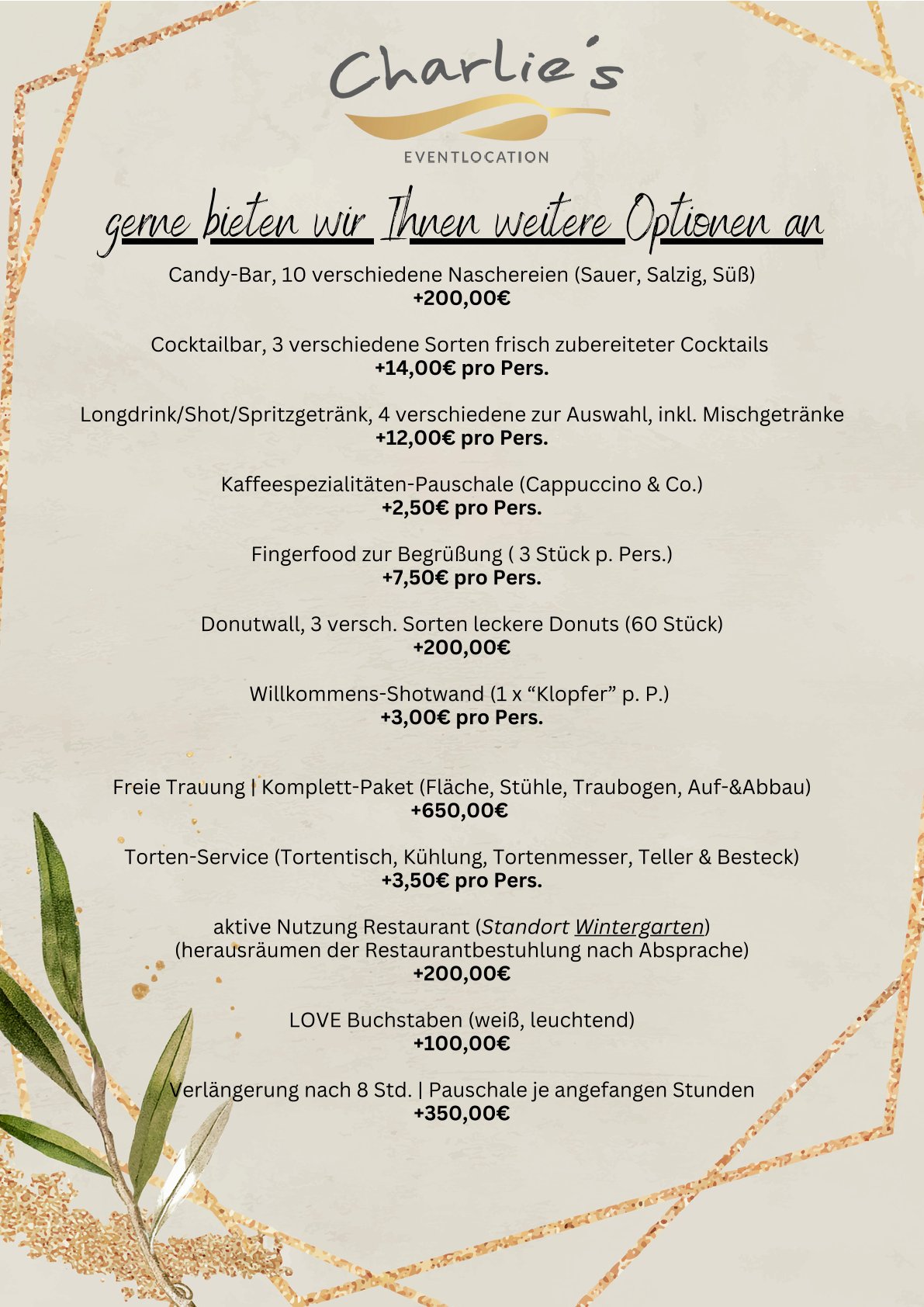 Speisekarte von Charlies Eventlocation mit goldener Verzierung und pflanzlichem Motiv