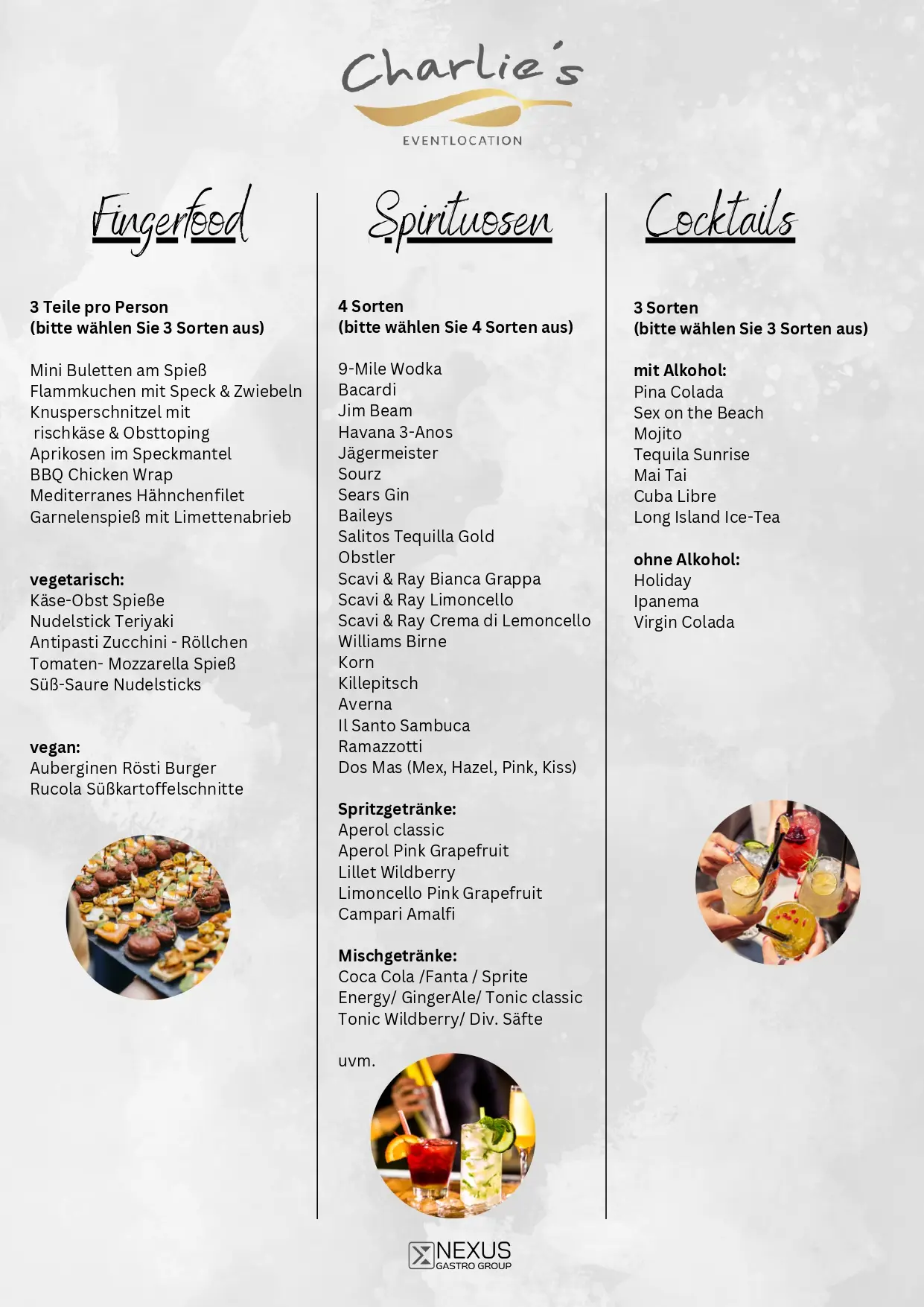 Speisekarte von Charlies Eventlocation mit Fingerfood Spirituosen und Cocktails