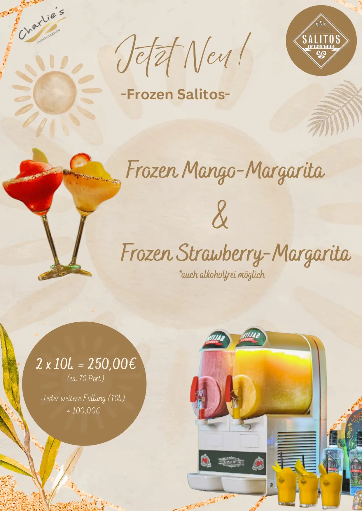 Werbeplakat fuer Frozen Salitos Margaritas mit Slush Maschine und Cocktailglaesern