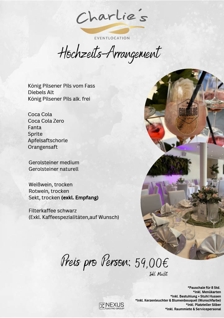 Werbeflyer fuer ein Hochzeits-Arrangement der Eventlocation Charlies mit Getraenkeliste
