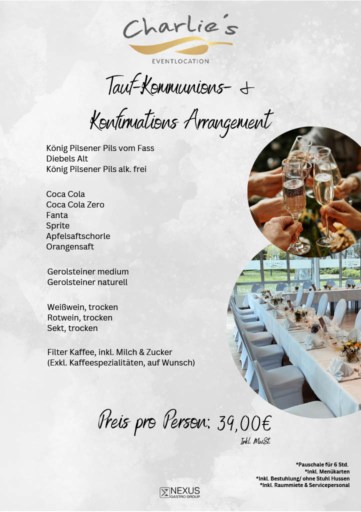 Menuekarte fuer Tauf Kommunions und Konfirmations Arrangement mit Getraenkeliste