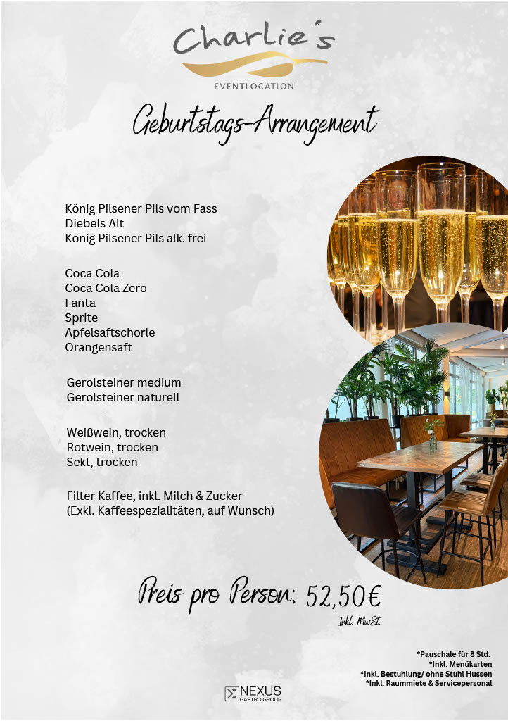 Werbeflyer fuer ein Geburtstags Arrangement mit Sektglaesern und Restaurant