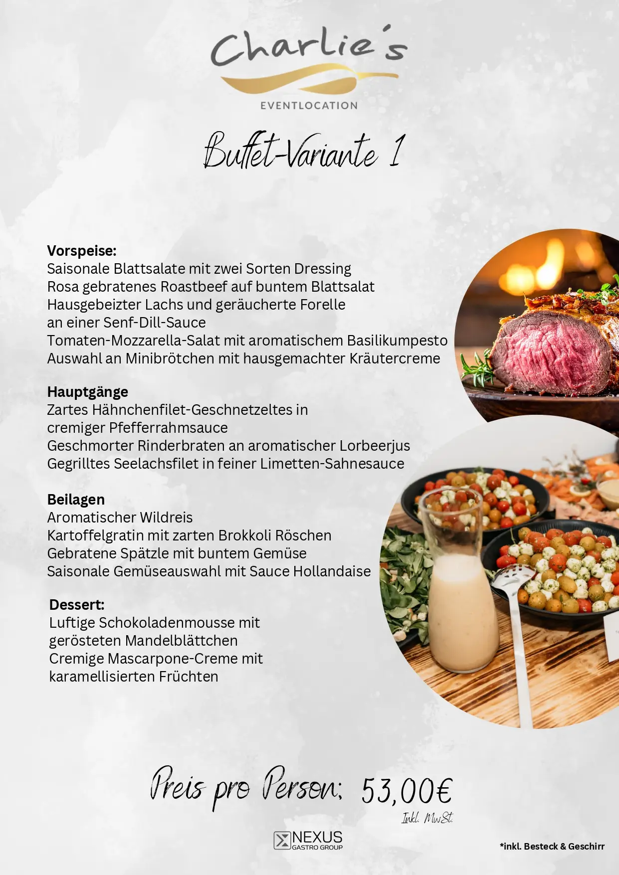 Menuekarte von Charlies Eventlocation mit rosa Roastbeef und Salatschalen