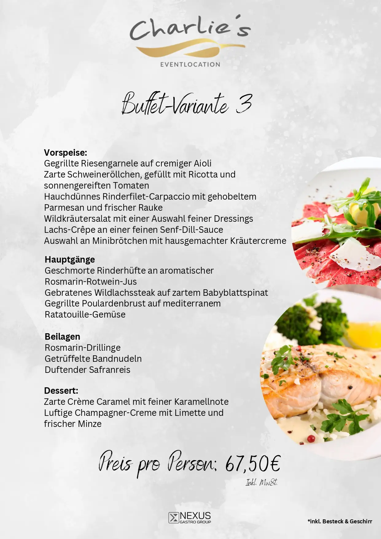 Speisekarte von Charlies Eventlocation mit Fotos von Carpaccio und Lachs