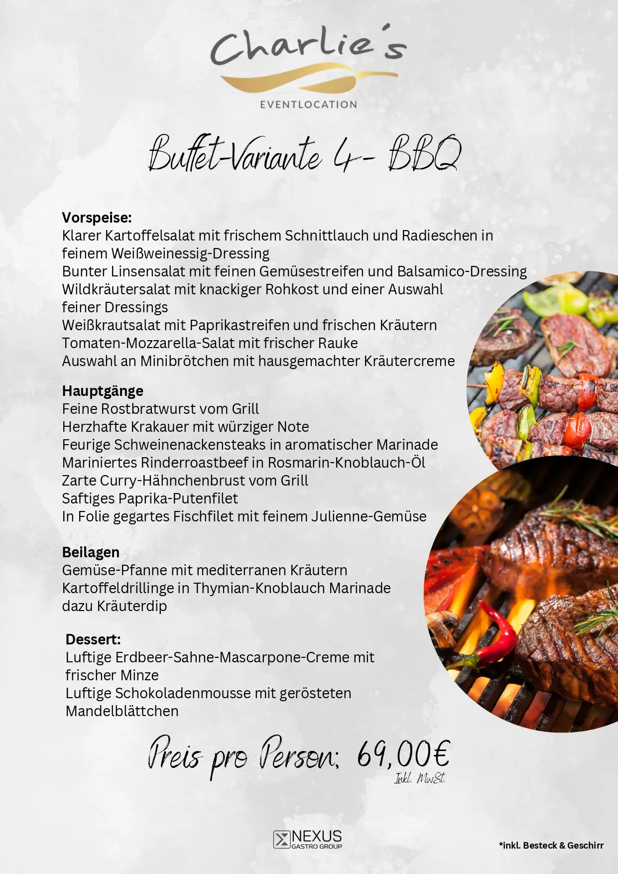 Speisekarte fuer BBQ Buffet mit Bildern von gegrilltem Fleisch und Gemuese