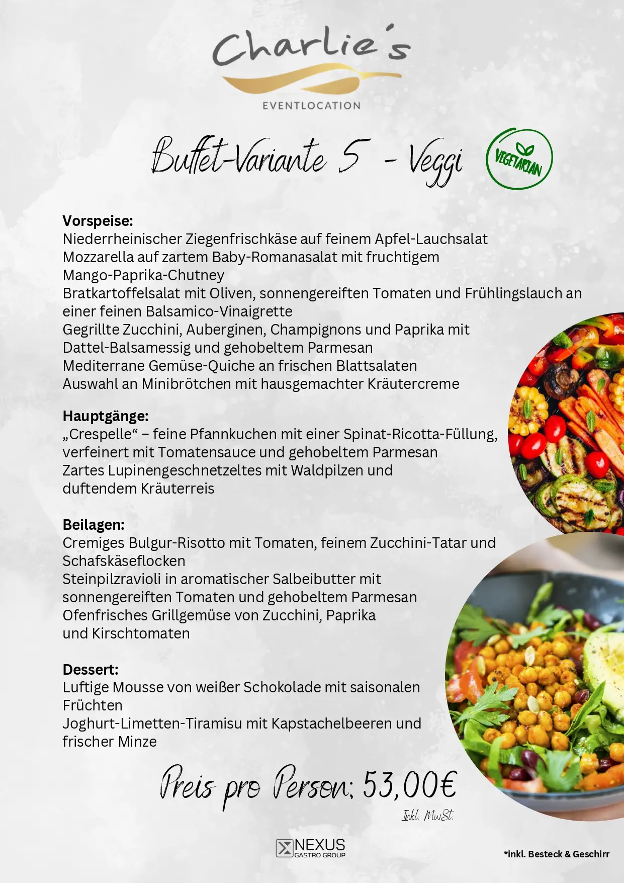 Vegetarische Buffet Speisekarte von Charlie's Eventlocation mit farbigen Gerichten