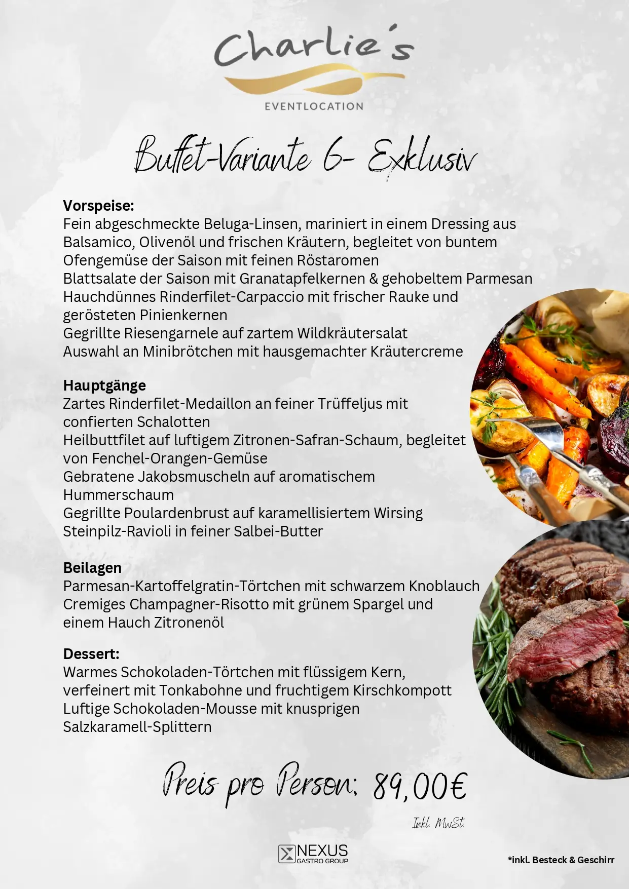 Menuekarte von Charlies Eventlocation mit Ofengemuese und Rinderfilet Fotos